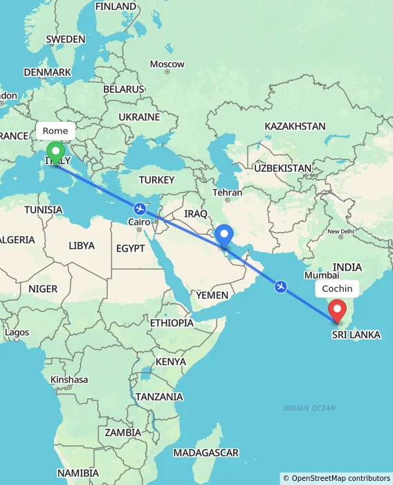 Route map showing distance and travel time from Rome, Italy to Cochin, India