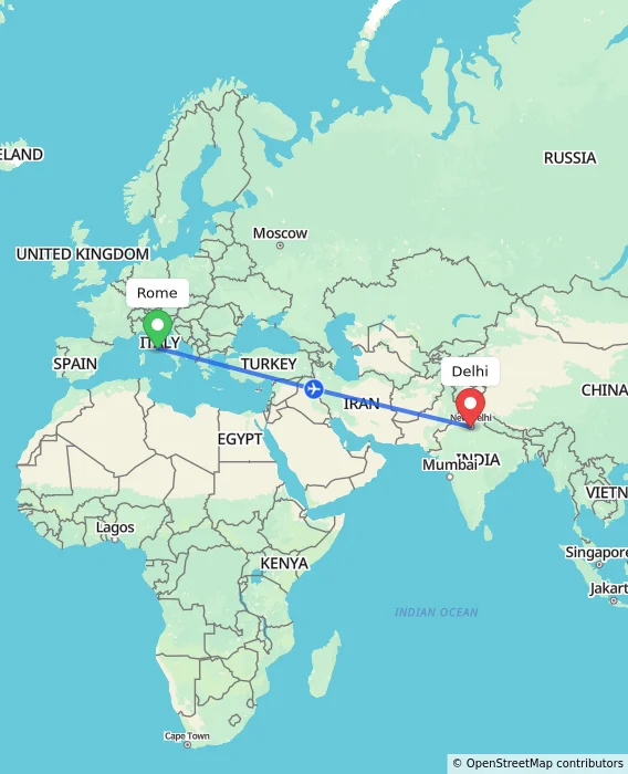 Route map showing distance and travel time from Rome, Italy to Delhi, India