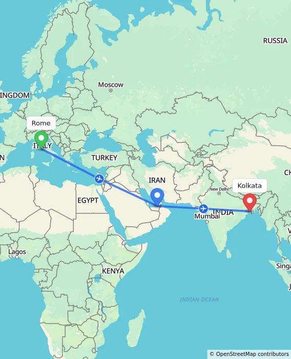 Route map showing distance and travel time from Rome, Italy to Kolkata, India