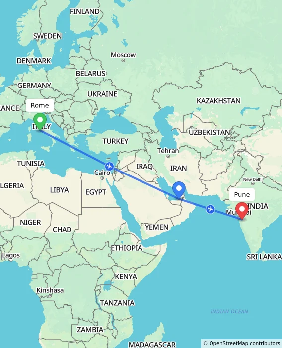 Route map showing distance and travel time from Rome, Italy to Pune, India