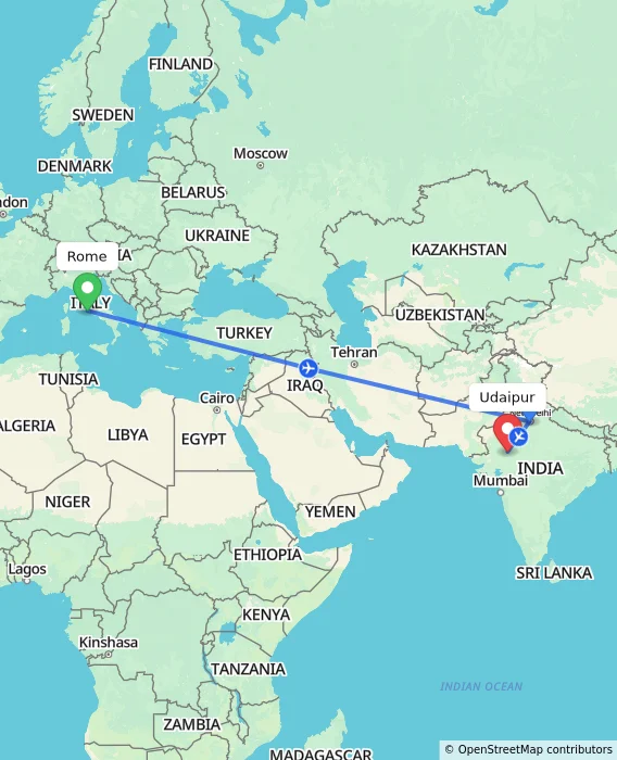 Route map showing distance and travel time from Rome, Italy to Udaipur, India
