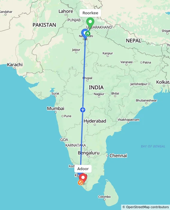 Route map showing distance and travel time from Roorkee, India to Adoor, India