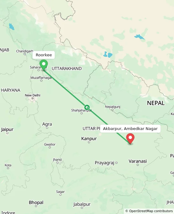 Route map showing distance and travel time from Roorkee, India to Akbarpur, Ambedkar Nagar, India