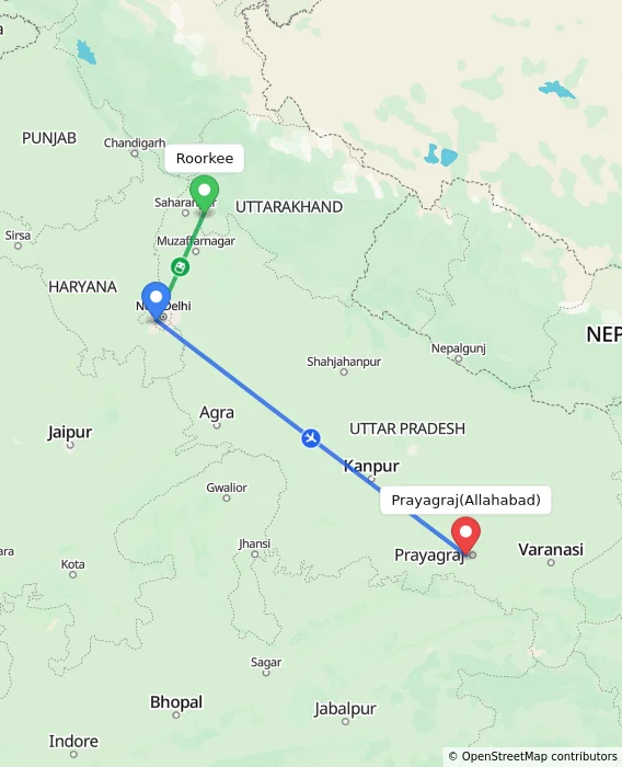 Route map showing distance and travel time from Roorkee, India to Allahabad, India
