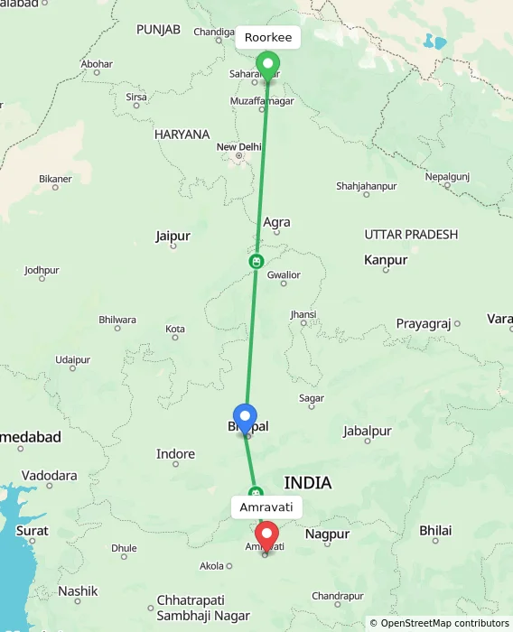 Route map showing distance and travel time from Roorkee, India to Amravati, India