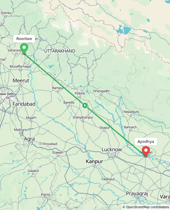 Route map showing distance and travel time from Roorkee, India to Ayodhya, India