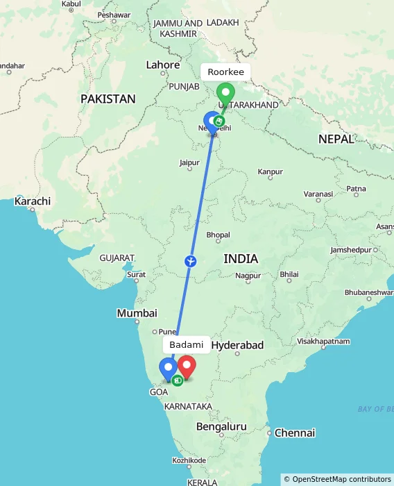 Route map showing distance and travel time from Roorkee, India to Badami, India