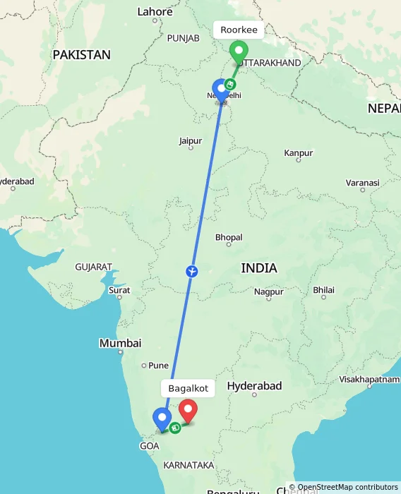 Route map showing distance and travel time from Roorkee, India to Bagalkot, India