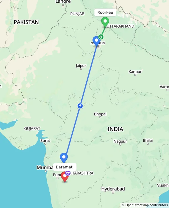 Route map showing distance and travel time from Roorkee, India to Baramati, India