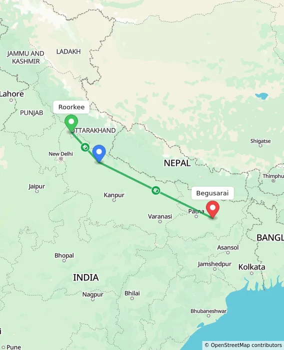 Route map showing distance and travel time from Roorkee, India to Begusarai, India