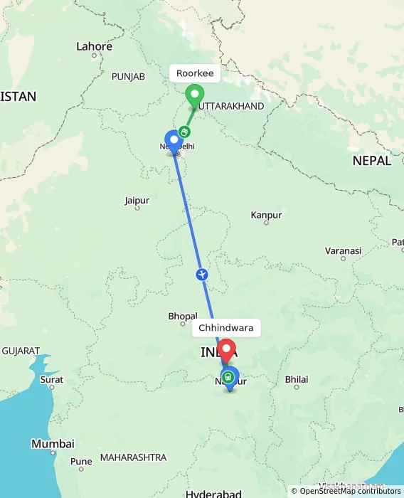 Route map showing distance and travel time from Roorkee, India to Chhindwara, India