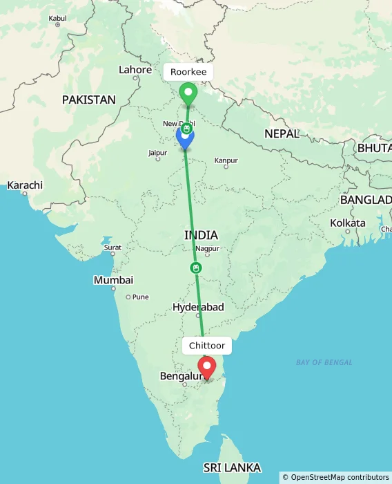 Route map showing distance and travel time from Roorkee, India to Chittoor, India
