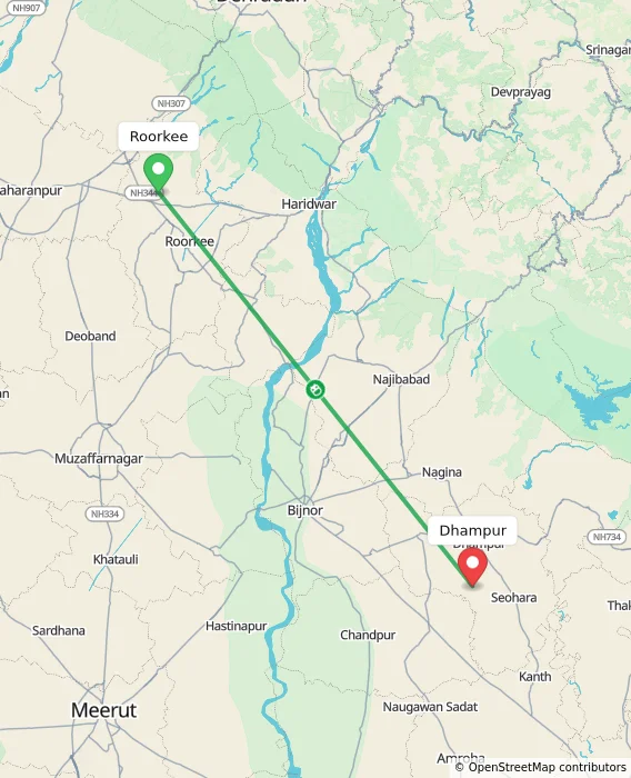 Route map showing distance and travel time from Roorkee, India to Dhampur, India
