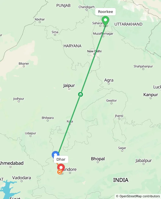Route map showing distance and travel time from Roorkee, India to Dhar, India