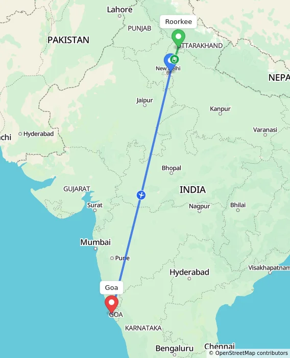 Route map showing distance and travel time from Roorkee, India to Goa, India