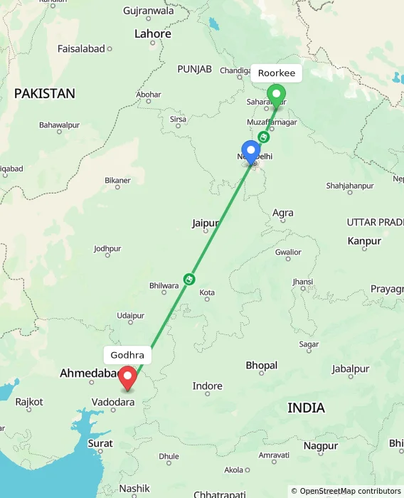 Route map showing distance and travel time from Roorkee, India to Godhra, India