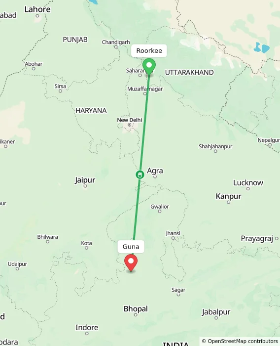 Route map showing distance and travel time from Roorkee, India to Guna, India