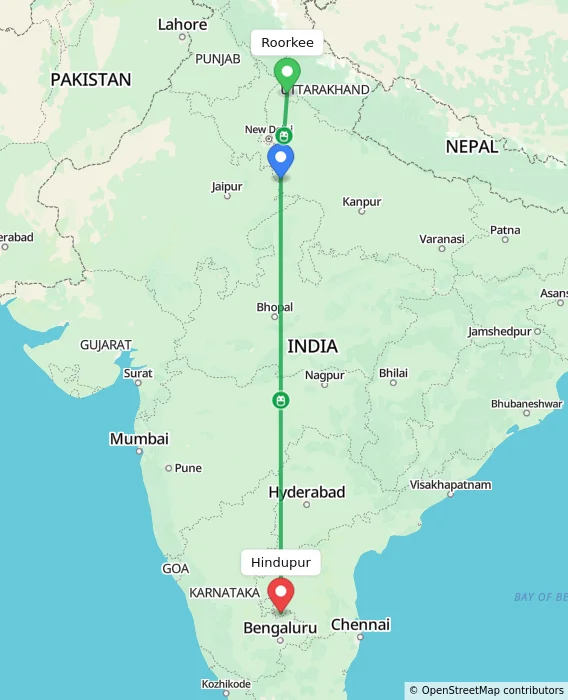 Route map showing distance and travel time from Roorkee, India to Hindupur, India