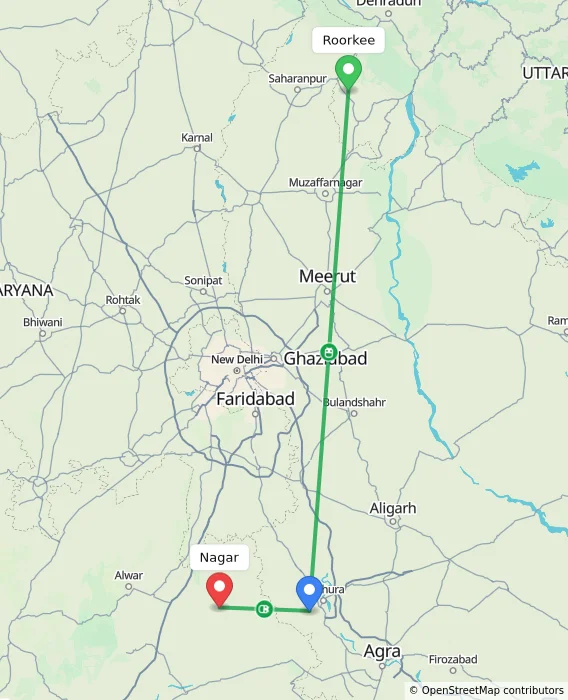 Route map showing distance and travel time from Roorkee, India to Nagar, India