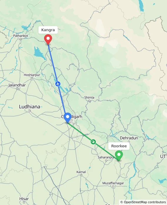 Route map showing distance and travel time from Roorkee, India to Kangra, India
