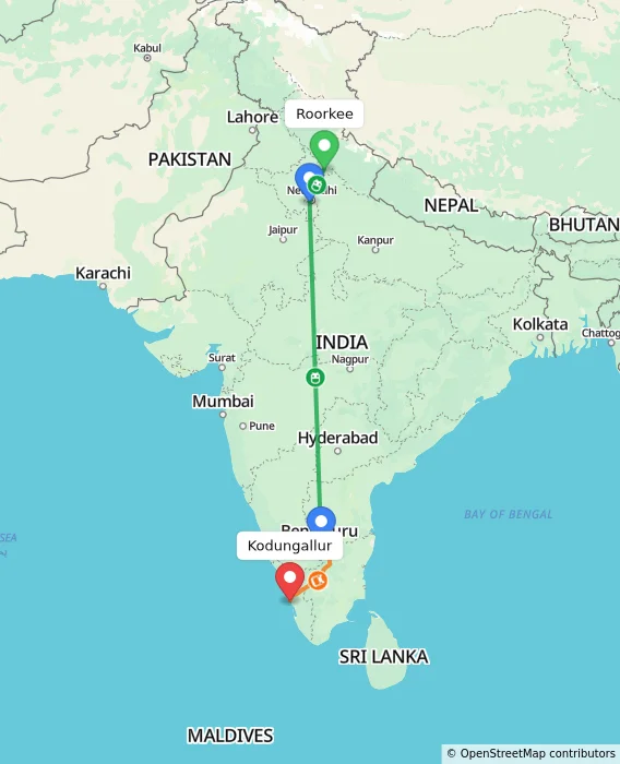 Route map showing distance and travel time from Roorkee, India to Kodungallur, India