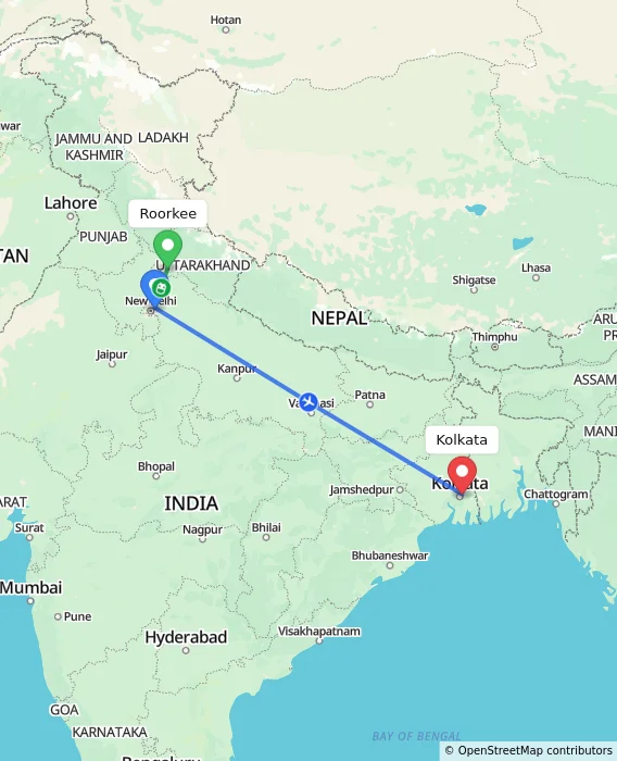Route map showing distance and travel time from Roorkee, India to Kolkata, India