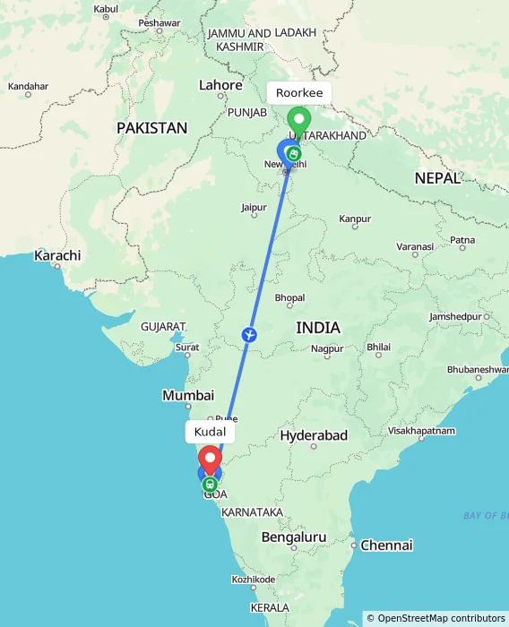 Route map showing distance and travel time from Roorkee, India to Kudal, India