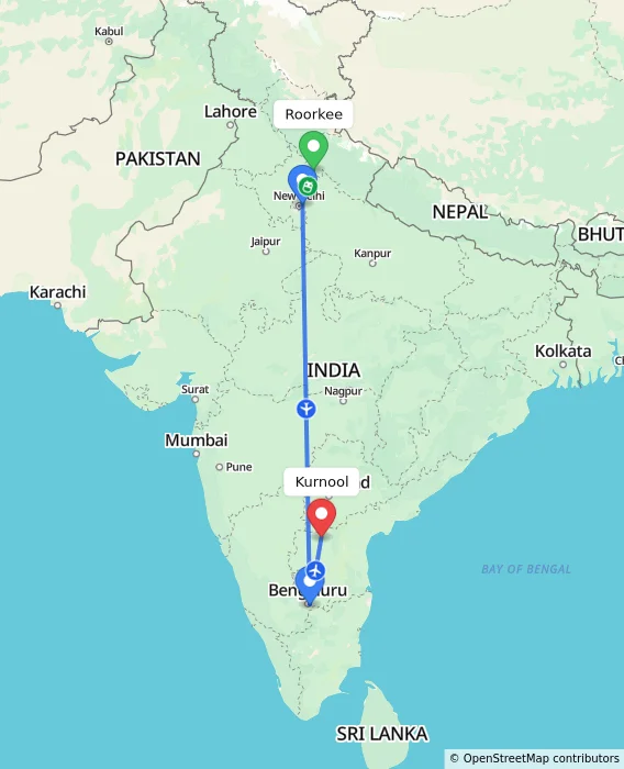 Route map showing distance and travel time from Roorkee, India to Kurnool, India