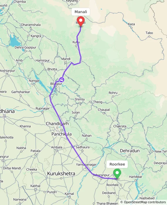 Route map showing distance and travel time from Roorkee, India to Manali, India