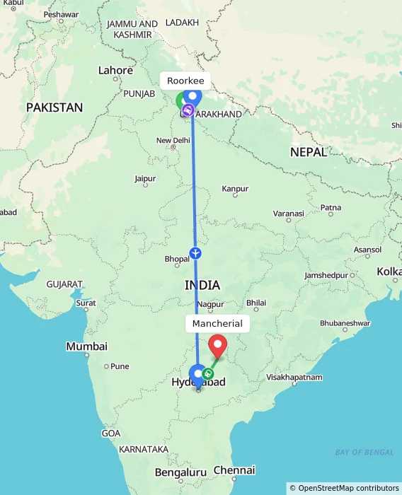 Route map showing distance and travel time from Roorkee, India to Mancherial, India
