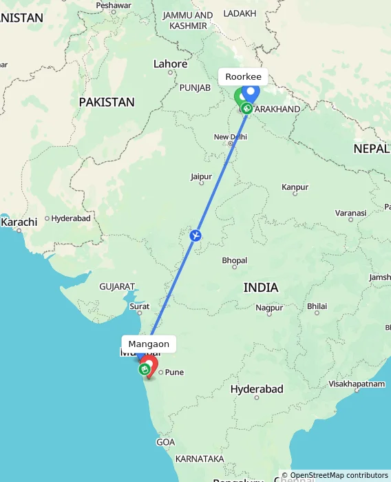 Route map showing distance and travel time from Roorkee, India to Mangaon, India