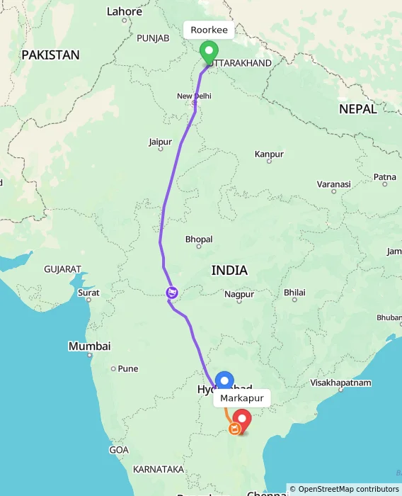 Route map showing distance and travel time from Roorkee, India to Markapur, India