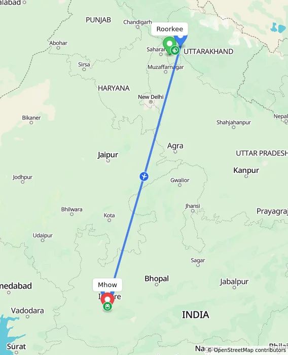 Route map showing distance and travel time from Roorkee, India to Mhow, India