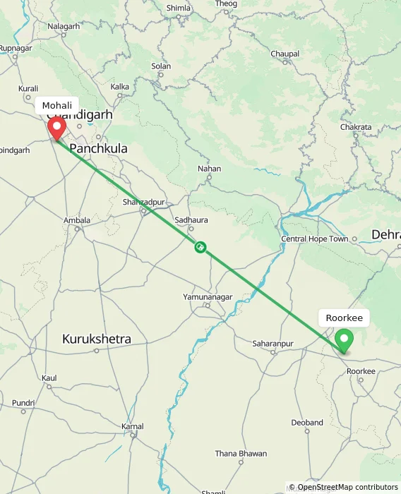 Route map showing distance and travel time from Roorkee, India to Mohali, India