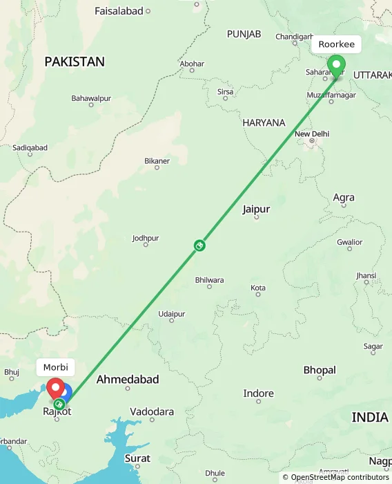 Route map showing distance and travel time from Roorkee, India to Morbi, India