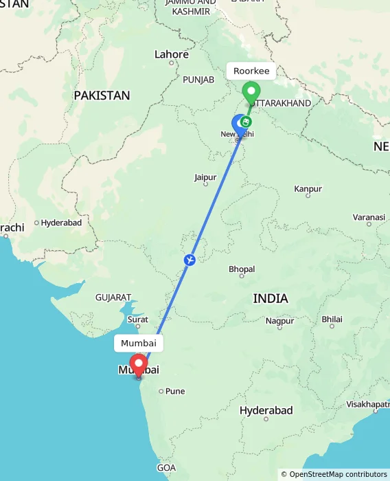 Route map showing distance and travel time from Roorkee, India to Mumbai, India