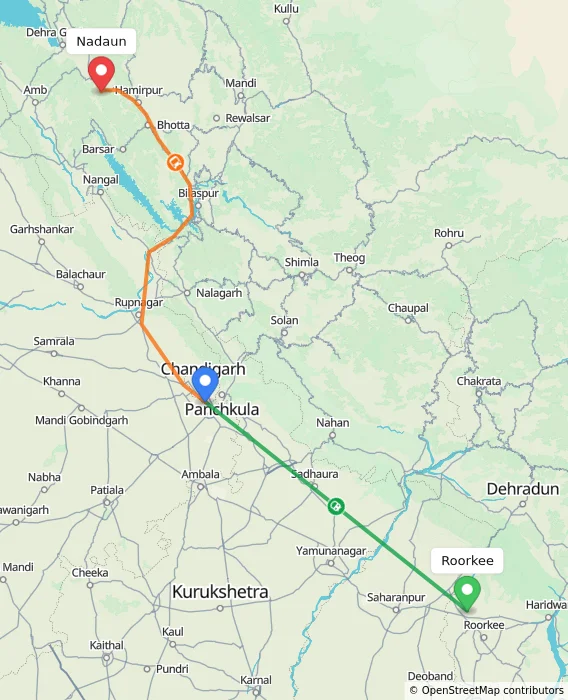 Route map showing distance and travel time from Roorkee, India to Nadaun, India