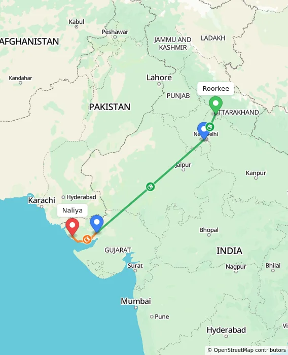 Route map showing distance and travel time from Roorkee, India to Naliya, India