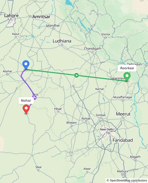 Route map showing distance and travel time from Roorkee, India to Nohar, India