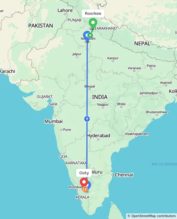 Route map showing distance and travel time from Roorkee, India to Ooty, India