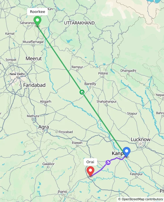 Route map showing distance and travel time from Roorkee, India to Orai, India