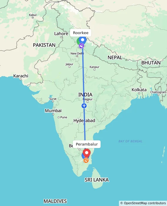 Route map showing distance and travel time from Roorkee, India to Perambalur, India