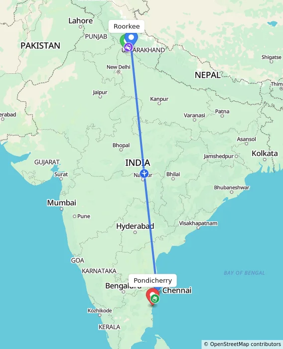 Route map showing distance and travel time from Roorkee, India to Pondicherry, India