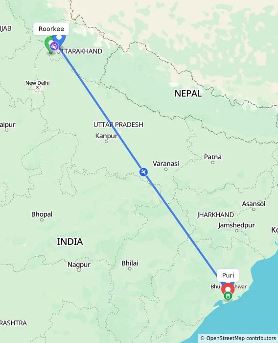 Route map showing distance and travel time from Roorkee, India to Puri, India