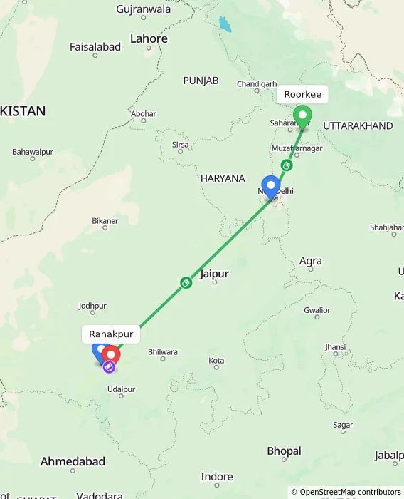 Route map showing distance and travel time from Roorkee, India to Ranakpur, India