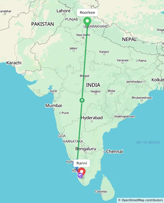 Route map showing distance and travel time from Roorkee, India to Ranni, India