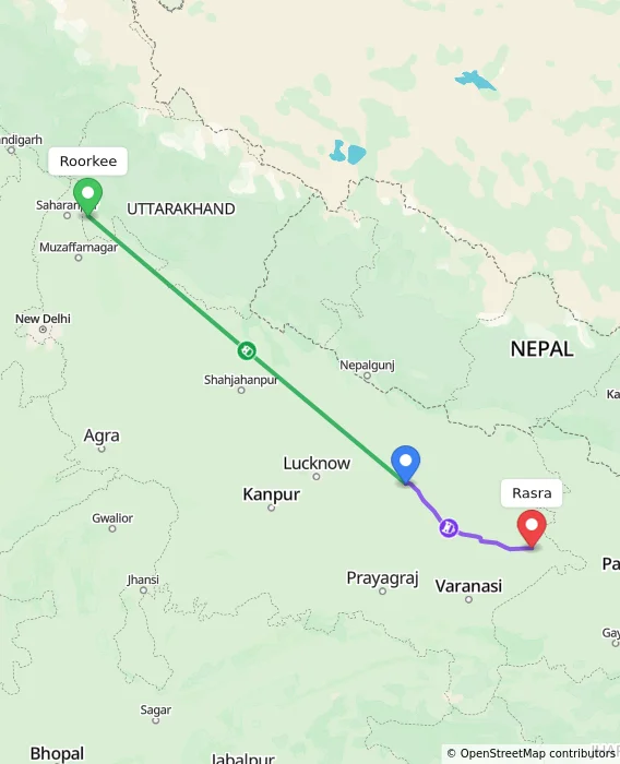 Route map showing distance and travel time from Roorkee, India to Rasra, India