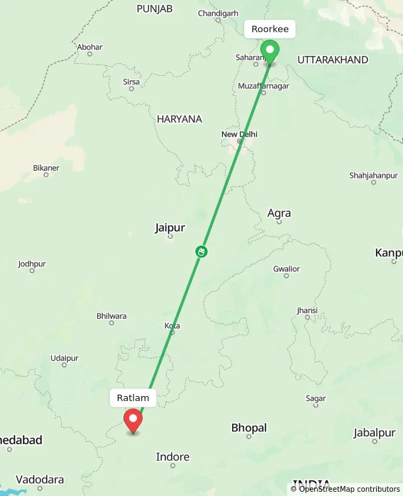 Route map showing distance and travel time from Roorkee, India to Ratlam, India
