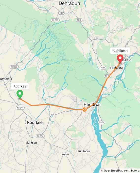 Route map showing distance and travel time from Roorkee, India to Rishikesh, India
