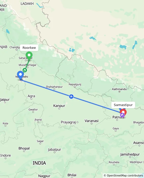Route map showing distance and travel time from Roorkee, India to Samastipur, India